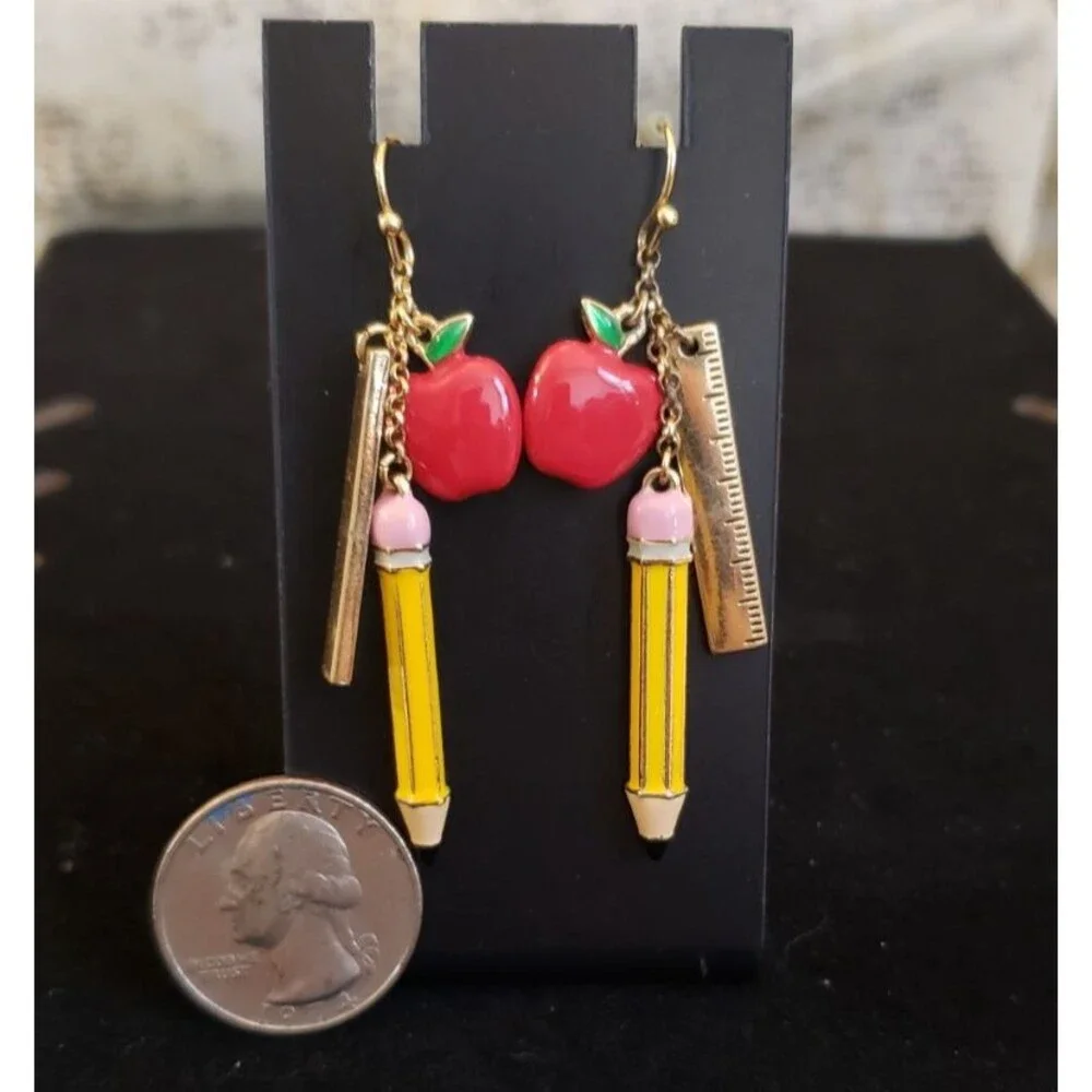 Whimsical Back to School - Dangling Ruler, Pencil and Apple Earrings 2.5